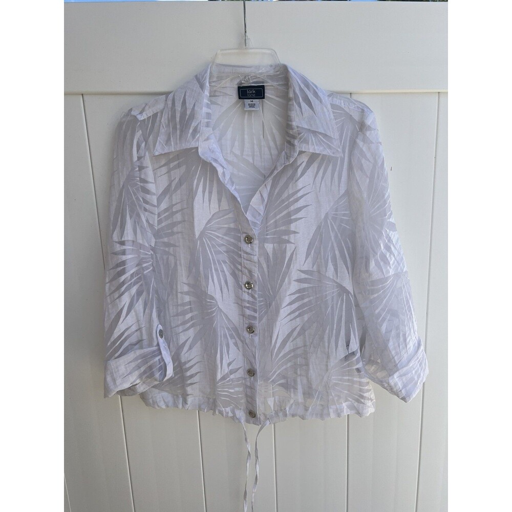 Lark Lane Sheer Button Up Womens 14 Floral Long Sleeve White Tie Waist